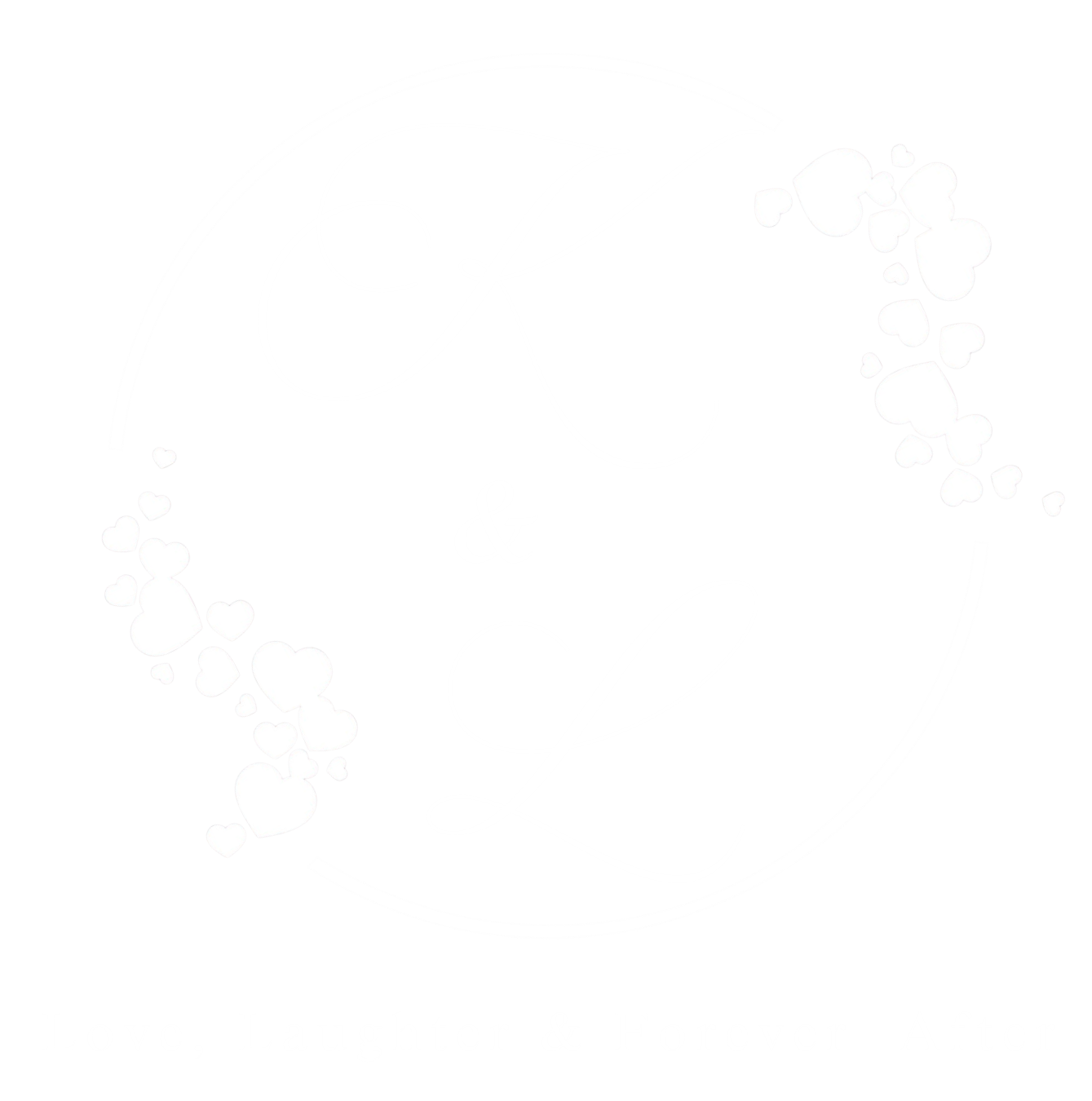 A black and white graphic featuring cursive text that says 'Love, Laugher & Forever After' with a decorative heart and swirl design, surrounded by a circular pattern of small hearts.