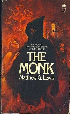 Amazing 1970s cover of The Monk with hellfire, sexy women, robed monk, crosses, and tagline 'He signed a contract in blood with the Devil!'