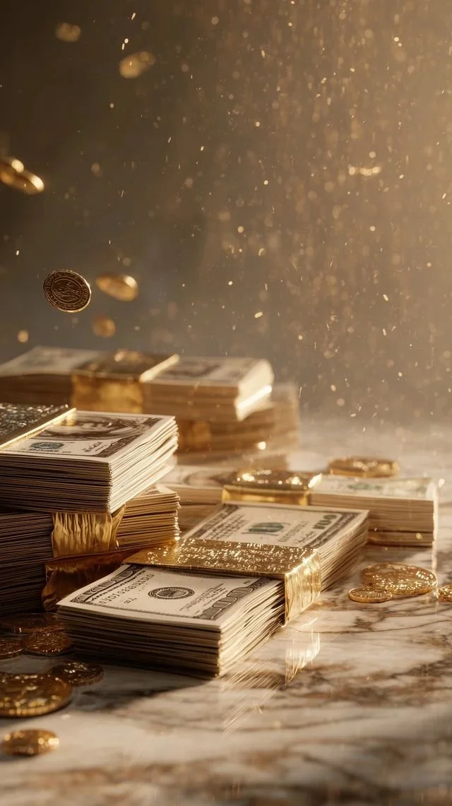 Stacks of hundred dollar bills and gold coins on a marble surface with gold accents.