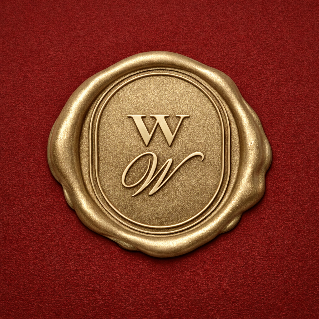 Gold wax seal with the initials 'W W' on a red textured surface.