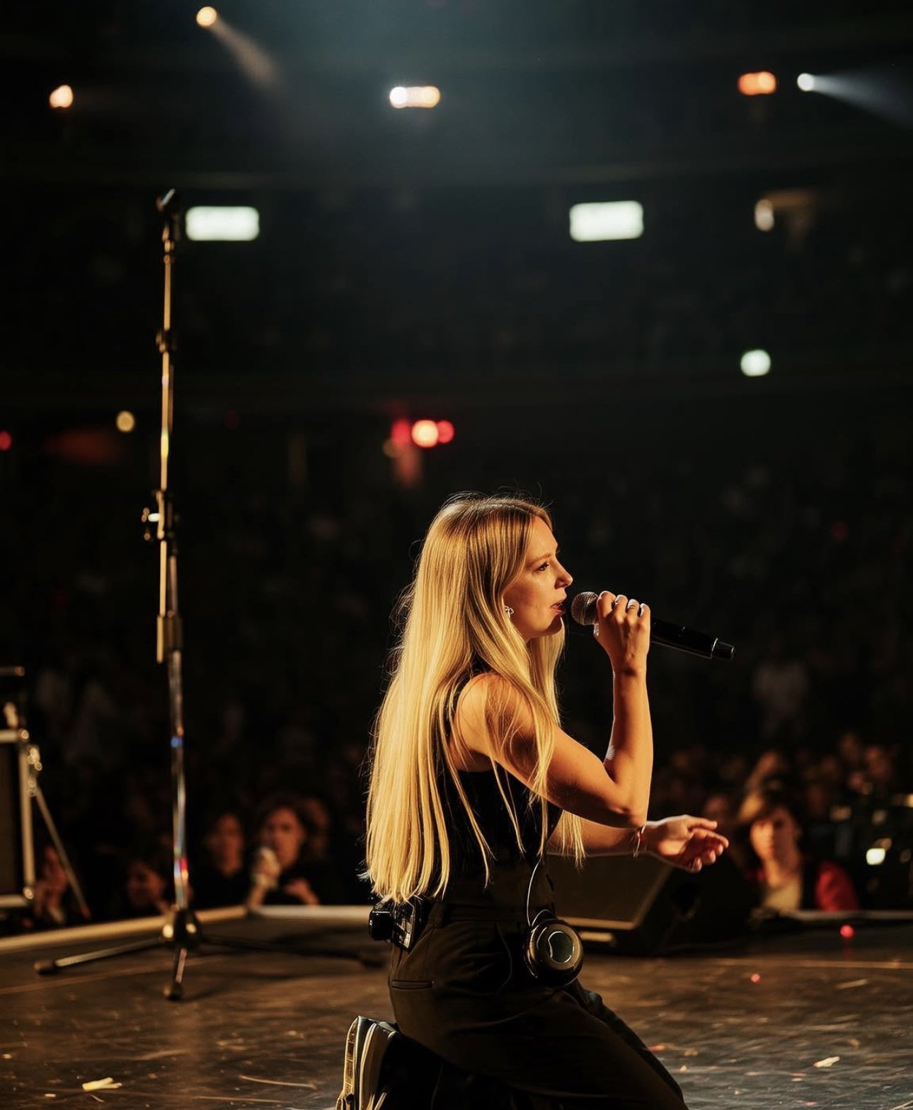 A woman with long blonde hair kneeling on stage, holding a microphone and singing, with stage lights and audience visible in the background.