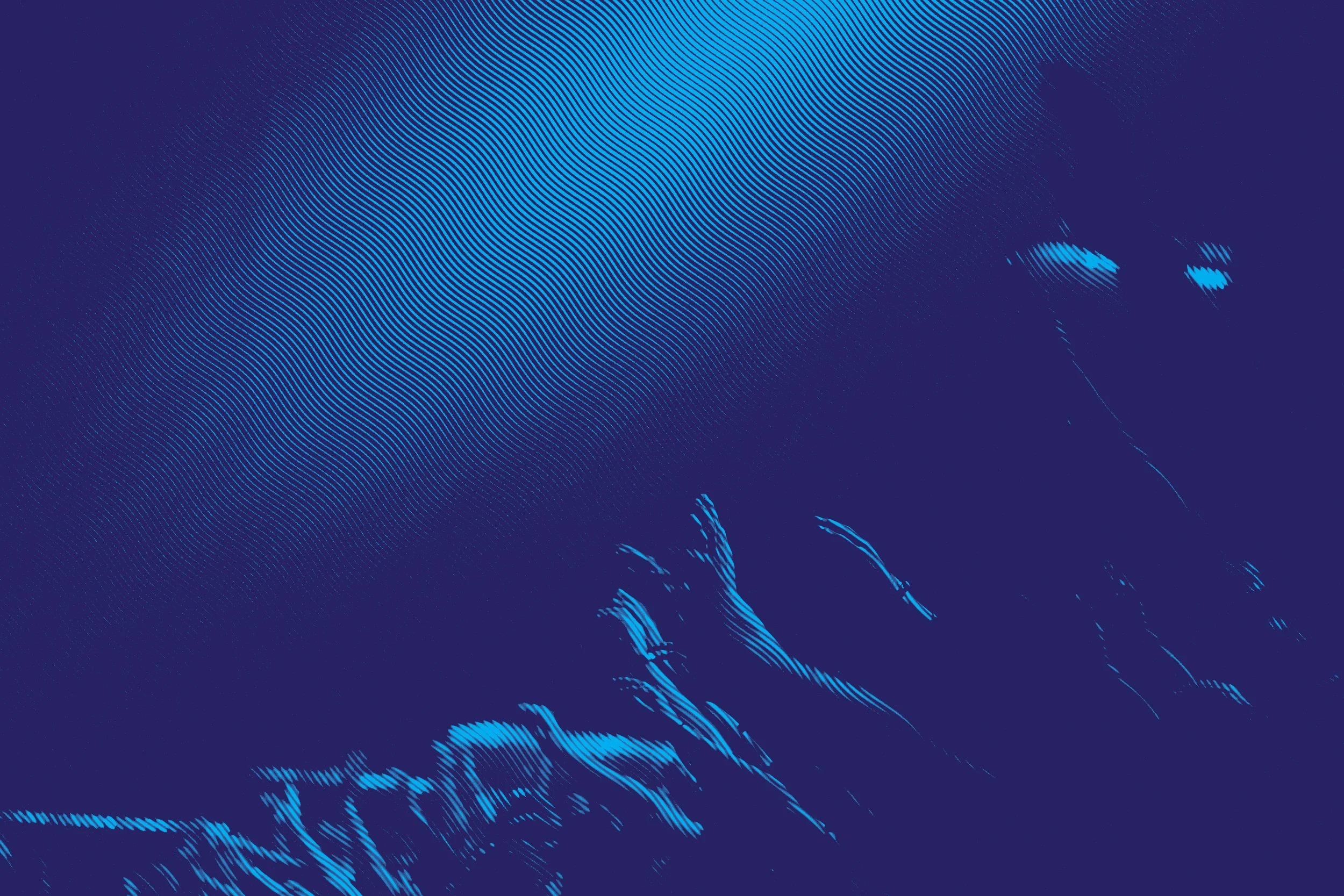 Abstract digital artwork with dark blue background and light blue streaks and dotted lines creating a textured pattern.