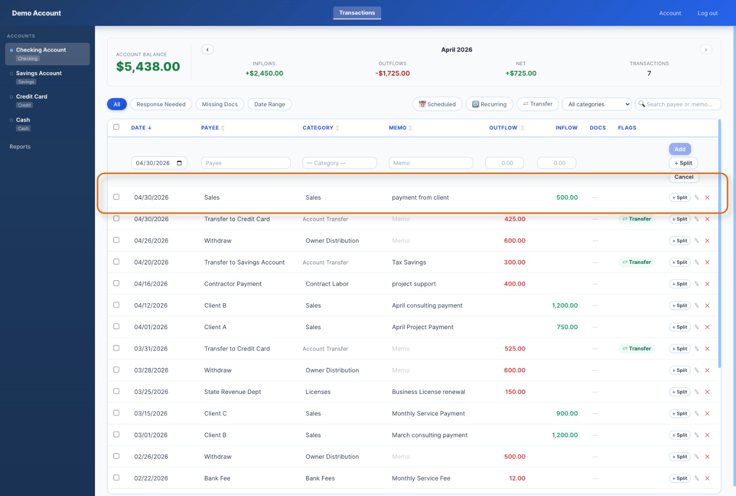Add money to your account (inflow)