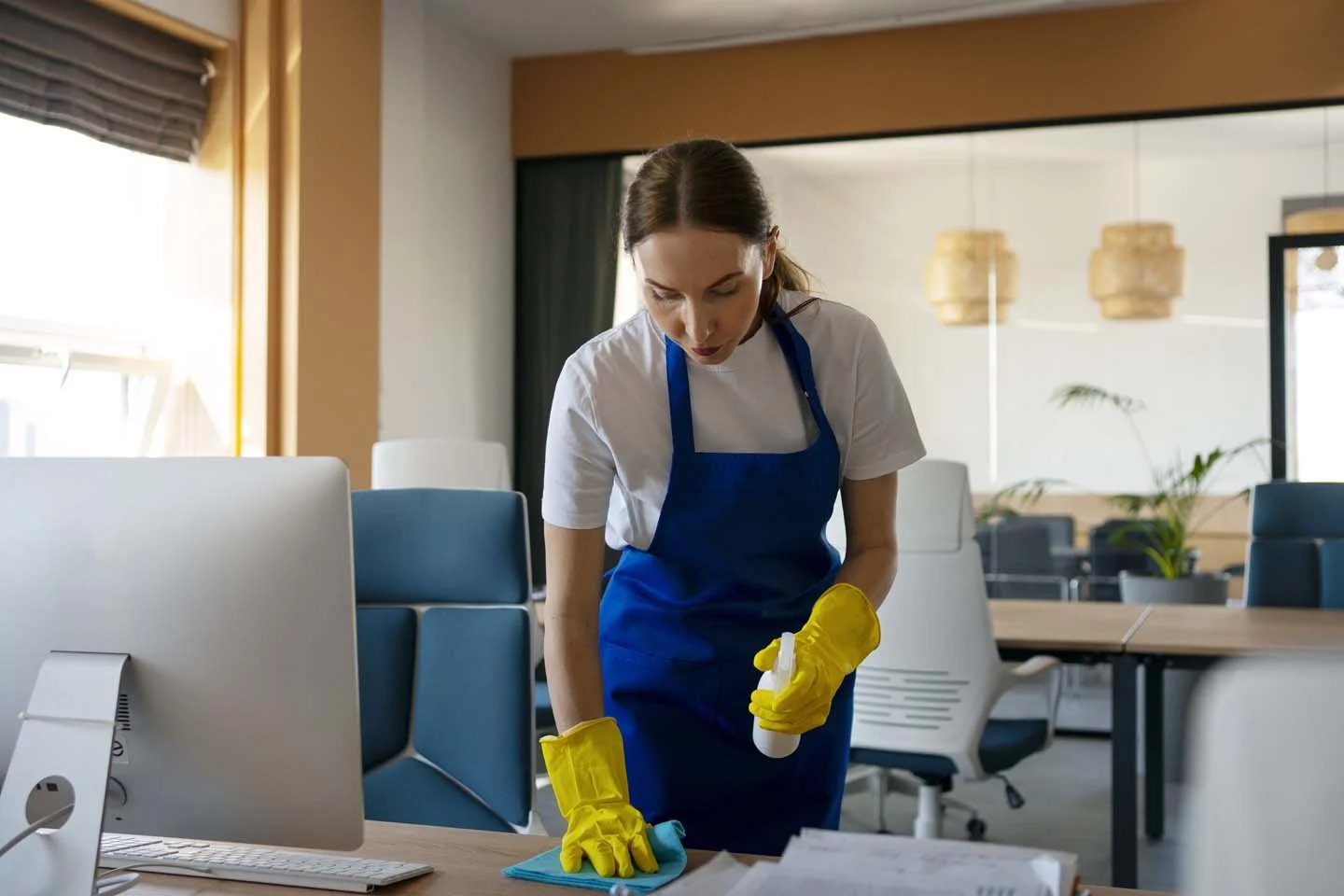 A woman wearing yellow gloves cleaning a desk with a spray bottle and cloth in an office.