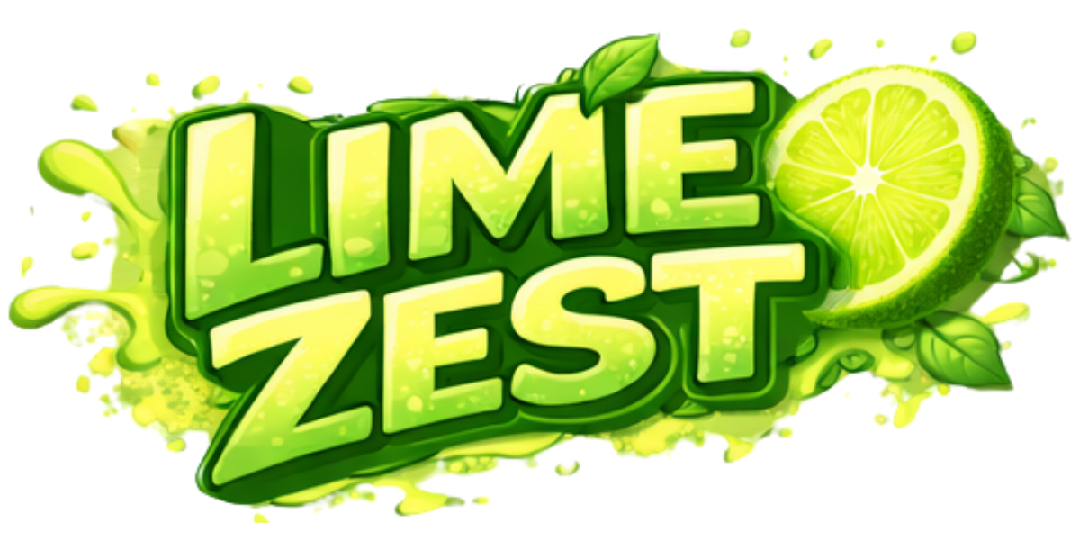 Bright green and yellow text reading 'LIME ZEST' with a lime slice and leaves, surrounded by splashes of lime juice.