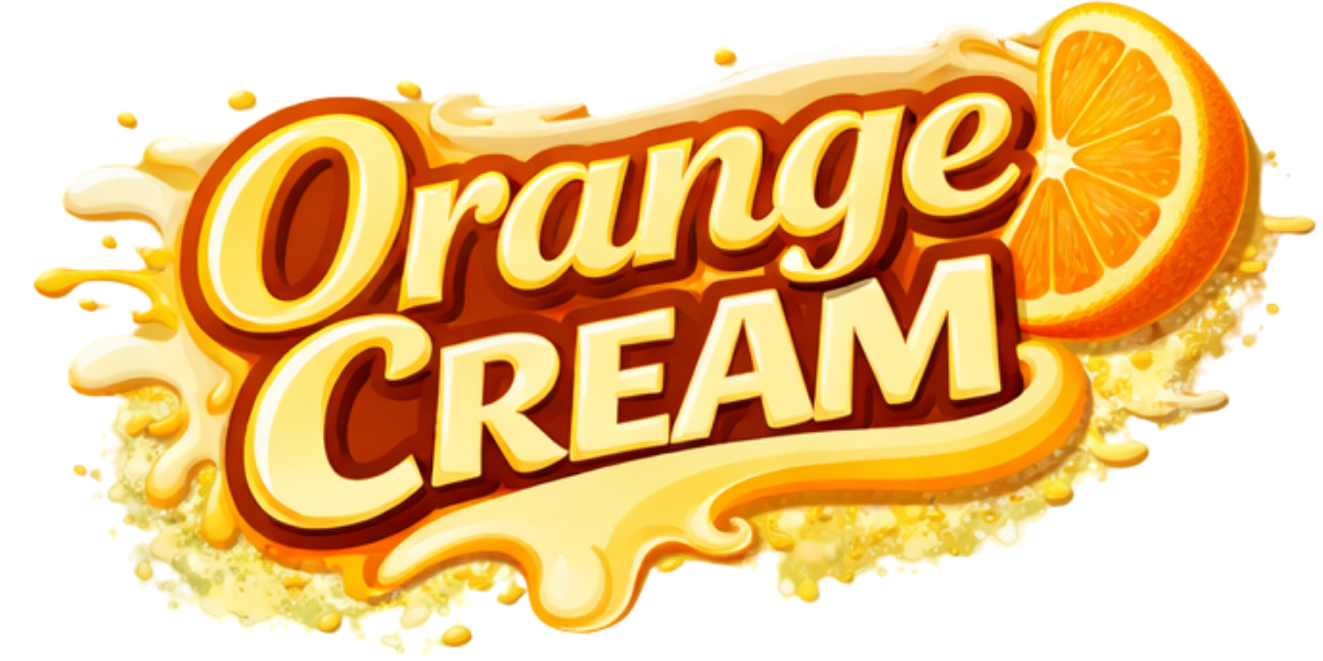 Logo for orange cream with stylized text, an orange slice, and splashes of cream or sauce background.