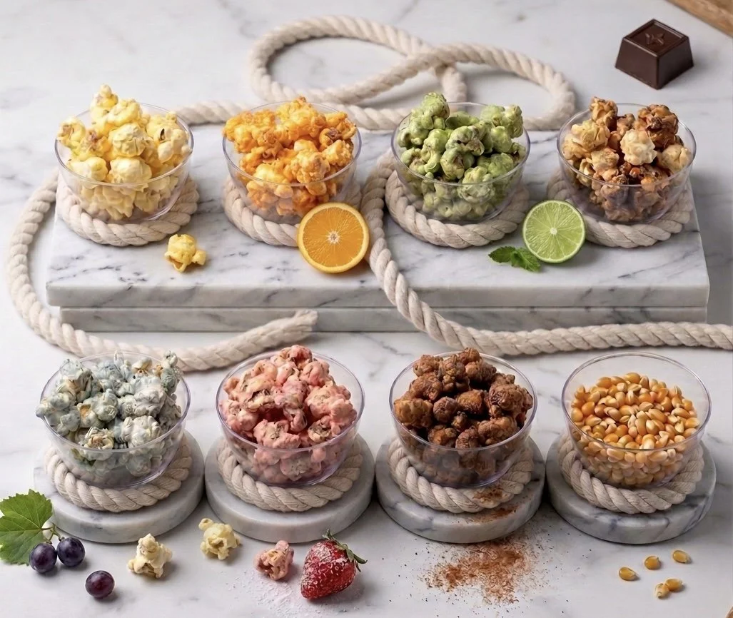Eight bowls of popcorn with different flavors and colors arranged on marble slabs, with dried fruits, lime, orange, and chocolate pieces for garnish, on a white surface with a thick rope decoration.