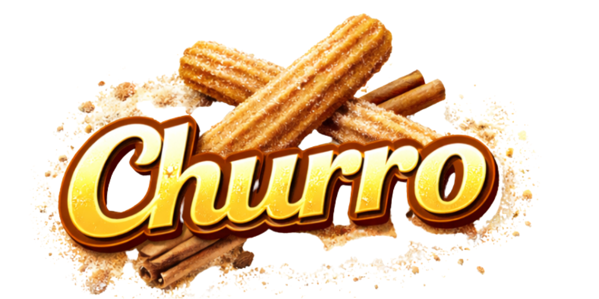 Image of churros with the word "Churro" in bold yellow letters in front.
