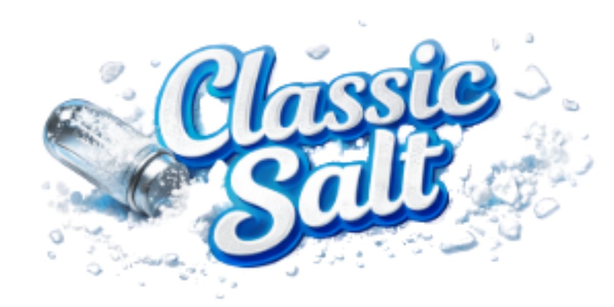 The image shows the logo for Classic Salt, featuring a silver salt shaker pouring salt and the words "Classic Salt" in bold blue and white font.