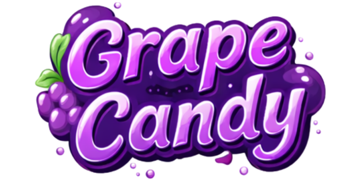 Colorful logo with purple grape cluster and green leaves, displaying the text 'Grape Candy' in purple and pink letters.