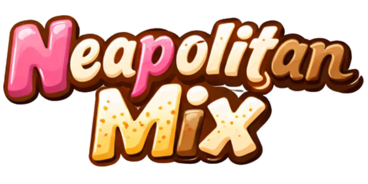 Colorful logo with the words 'Neapolitan Mix' in playful, bubbly fonts. 'Neapolitan' in pink, cream, and brown, and 'Mix' in yellow with orange dots.