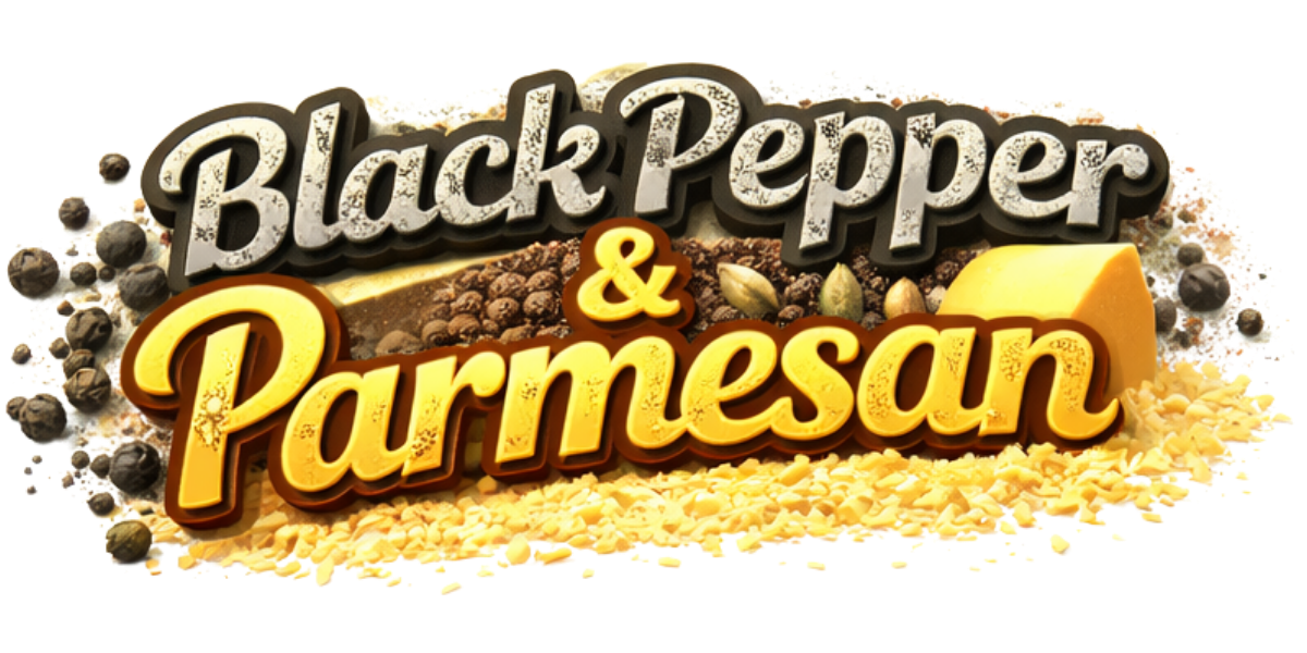 Text that reads 'Black Pepper & Parmesan' with images of black peppercorns, a wedge of Parmesan cheese, and shredded Parmesan cheese.