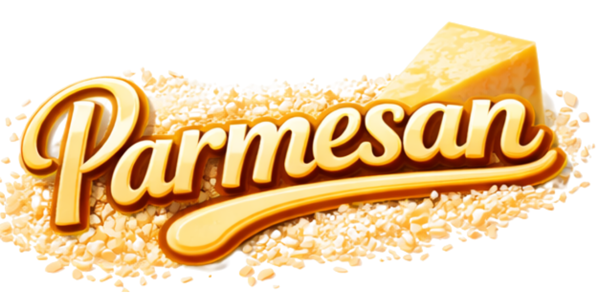 Close-up of a Parmesan cheese wedge, shredded cheese, and the word 'Parmesan' in bold, yellow-orange text.