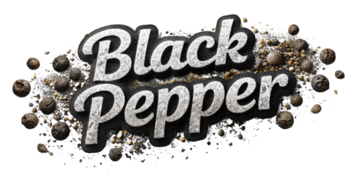 Text reading 'Black Pepper' surrounded by peppercorns and ground pepper.