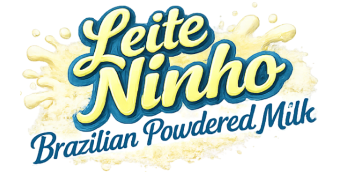 Logo of Leite Ninho Brazilian powdered milk with yellow and blue text on a paint splash background.