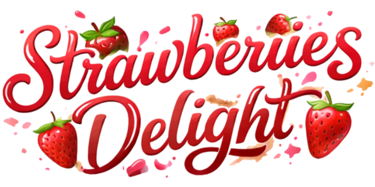 Stylized text reading 'Strawberries Delight' with strawberries and pink and peach splash accents.