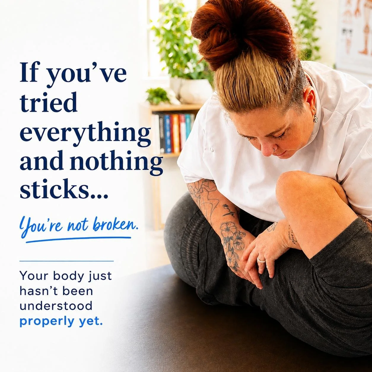 A woman with tattoos helping another person stretch or exercise indoors. An inspiring quote about body understanding and acceptance is displayed on the left side of the image.