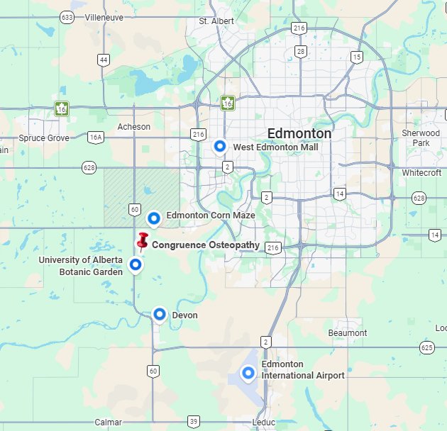 Map of Edmonton, Alberta, showing locations including West Edmonton Mall, Edmonton Corn Maze, Concordance Osteopathy, University of Alberta Botanic Garden, Devon, Edmonton International Airport, and surrounding roads and neighborhoods.