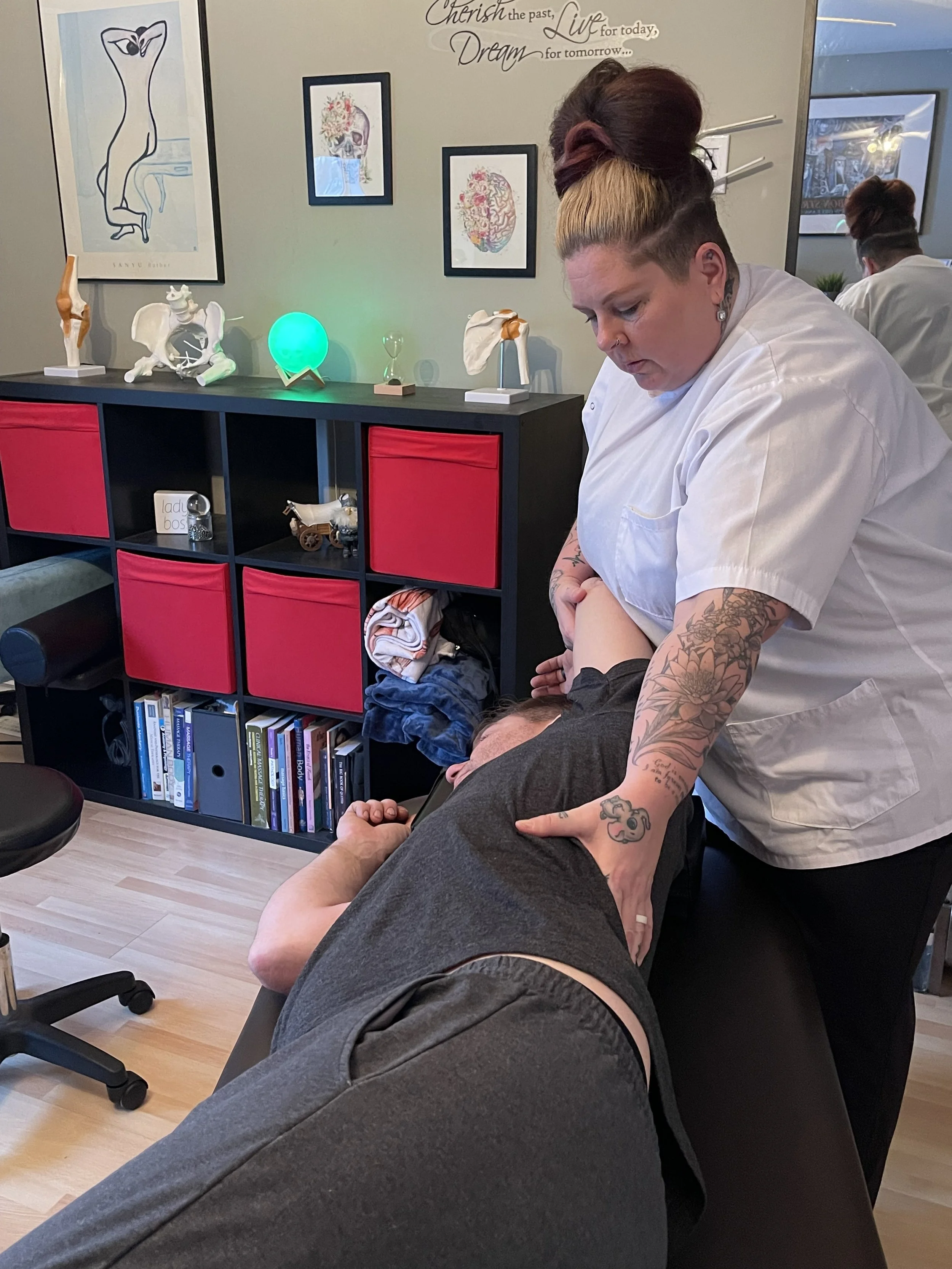 A person is receiving a chiropractic adjustment from a female chiropractor in a chiropractic clinic. The room has medical models on the shelf, framed artwork on the wall, and a bookshelf with books.