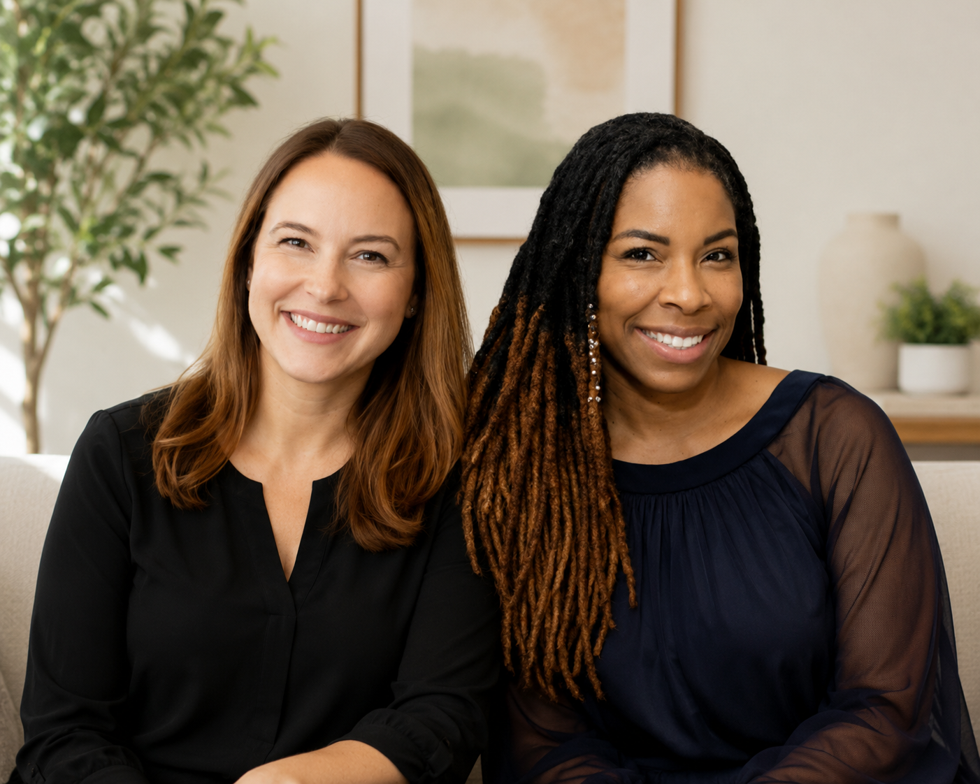 Two women sitting on a couch, smiling, in a well-lit room with wall art and plants in the background.
