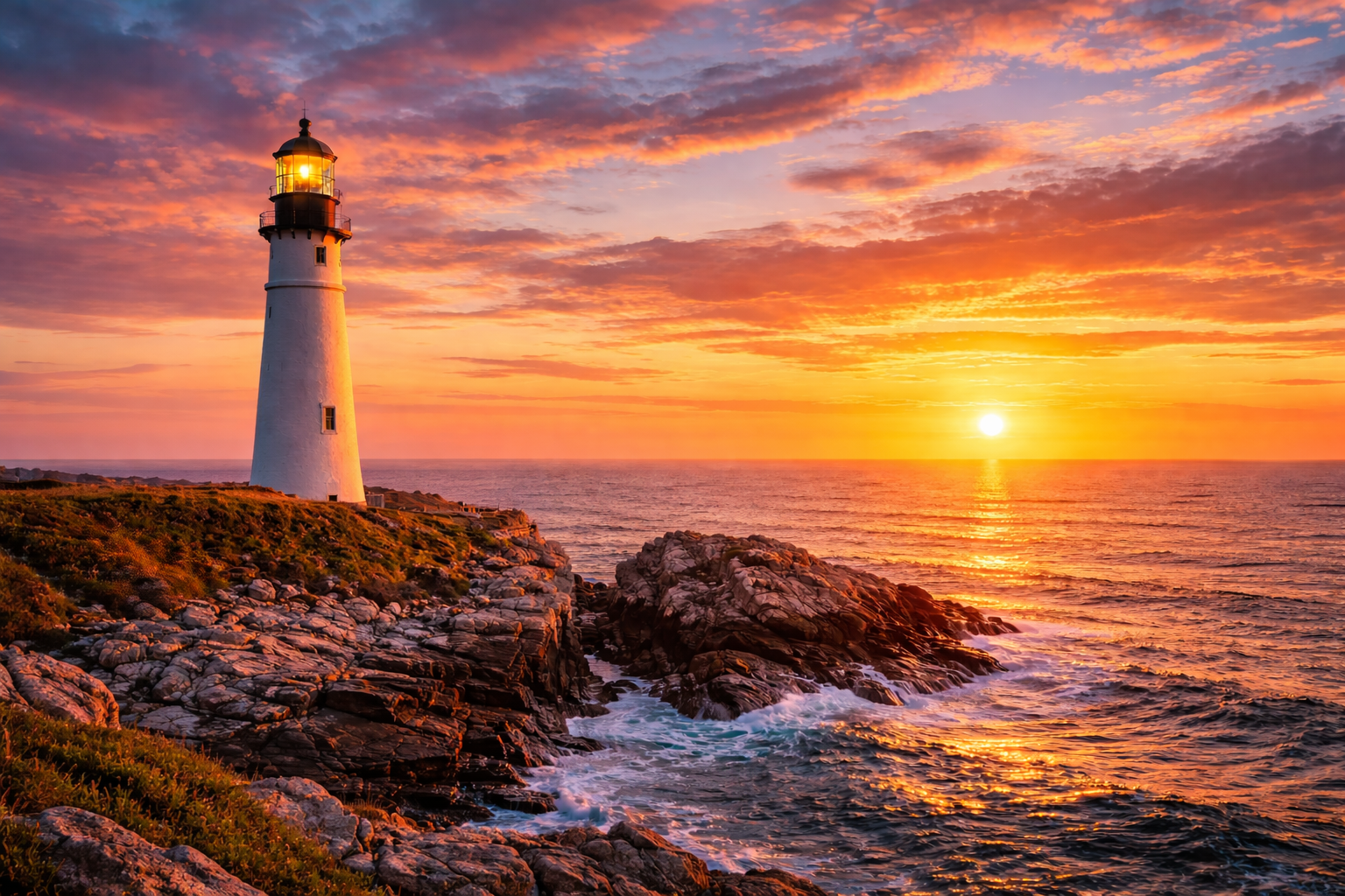 Lighthouse on cliff at sunset