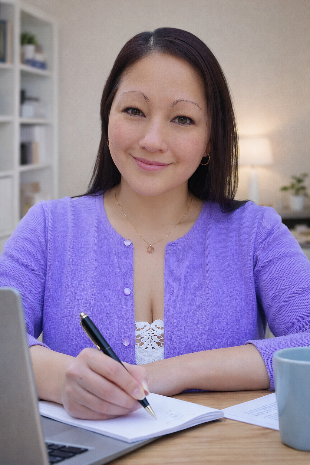 A woman with long dark hair, wearing a purple cardigan and a white lace top, is sitting at a desk with a laptop, writing in a notebook with a pen.