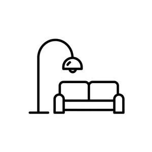 A line drawing of a floor lamp illuminating a sofa