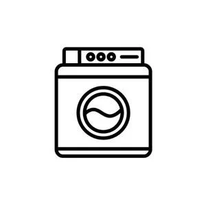 Illustration of a washing machine with control panel and circular door.