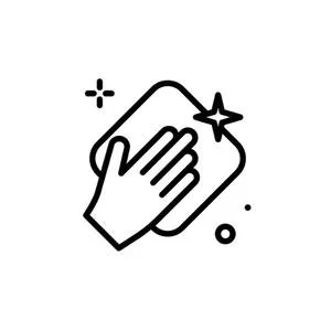 Illustration of a hand wiping a surface with a cloth, surrounded by small decorative elements.