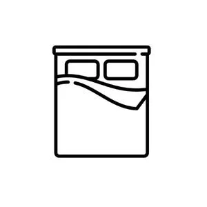 Line drawing of a bed with pillows and a blanket.