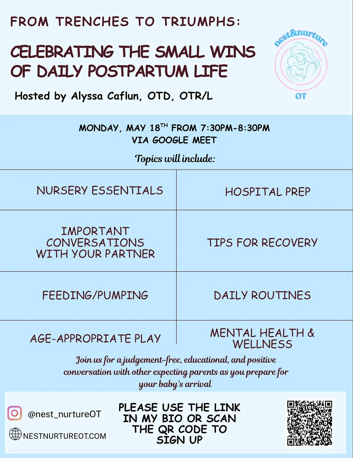 I&rsquo;m so excited to announce that I am hosting my first virtual class for expecting moms🤰 

Join me on May 18th from 7:30pm-8:30pm for a supportive conversation about all things 4th trimester! ☀️

The postpartum stage is such a beautiful time, b