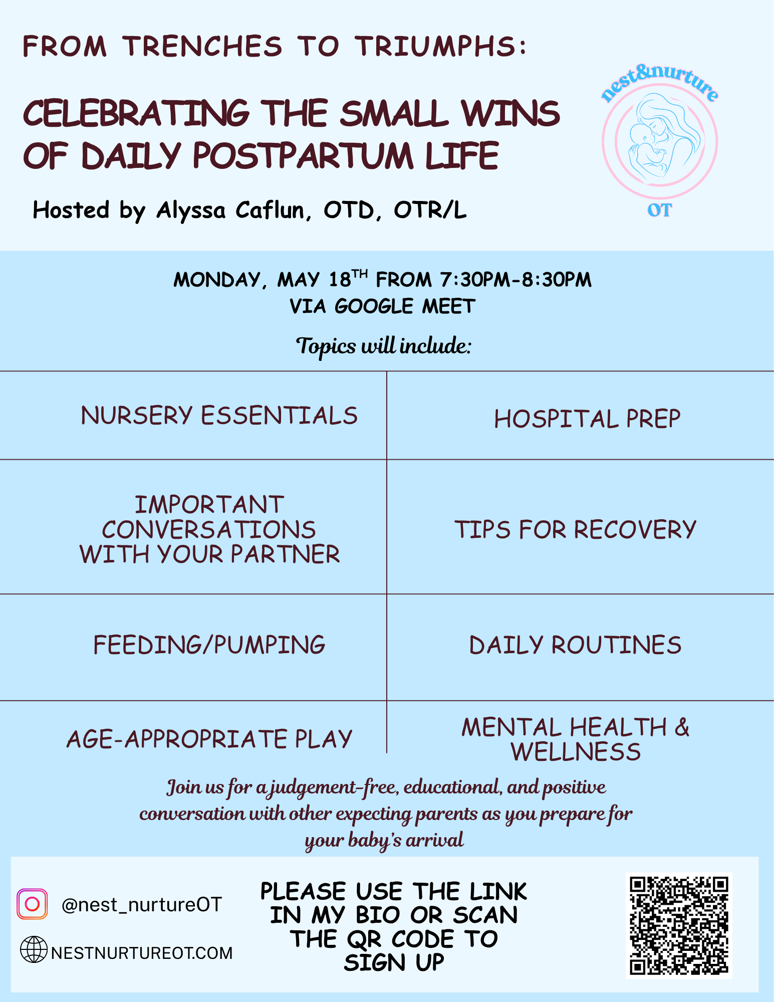 5/18, 7:30pm-8:30pm: From Trenches to Triumphs: Celebrating the small wins of daily postpartum life