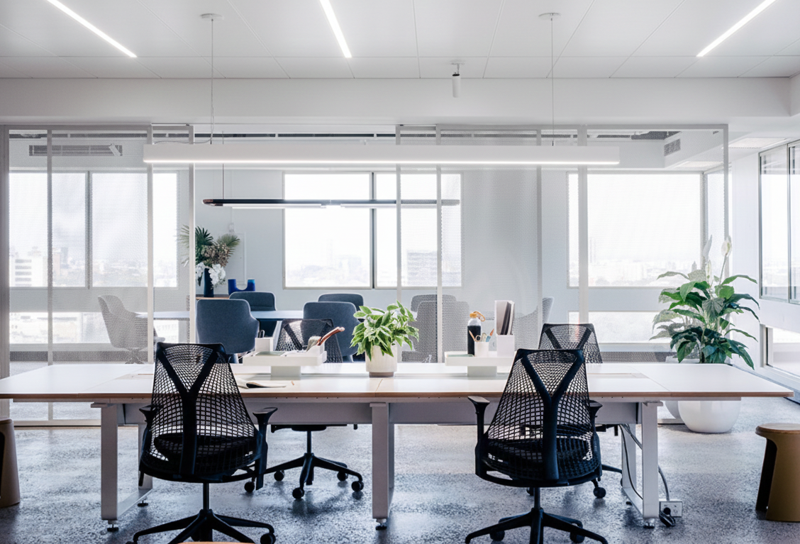 Empty modern office conference room with a large table, black ergonomic chairs, potted plants, and large windows in a high-rise building.