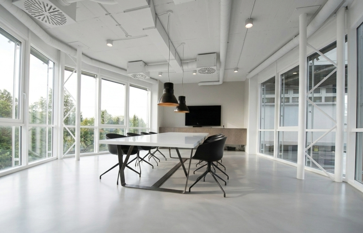 Modern conference room with a large white table, black chairs, large windows, and a mounted TV