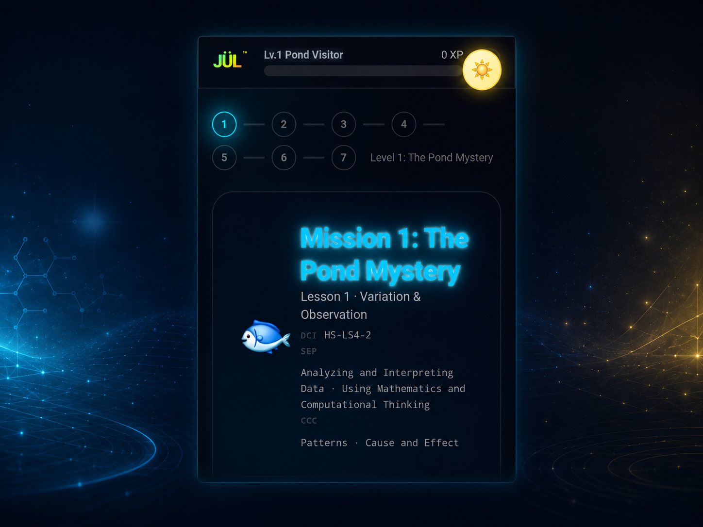 JÜL Science Arcade Pond Mystery mission framed in a teal and gold science environment, aligned to HS-LS4-2