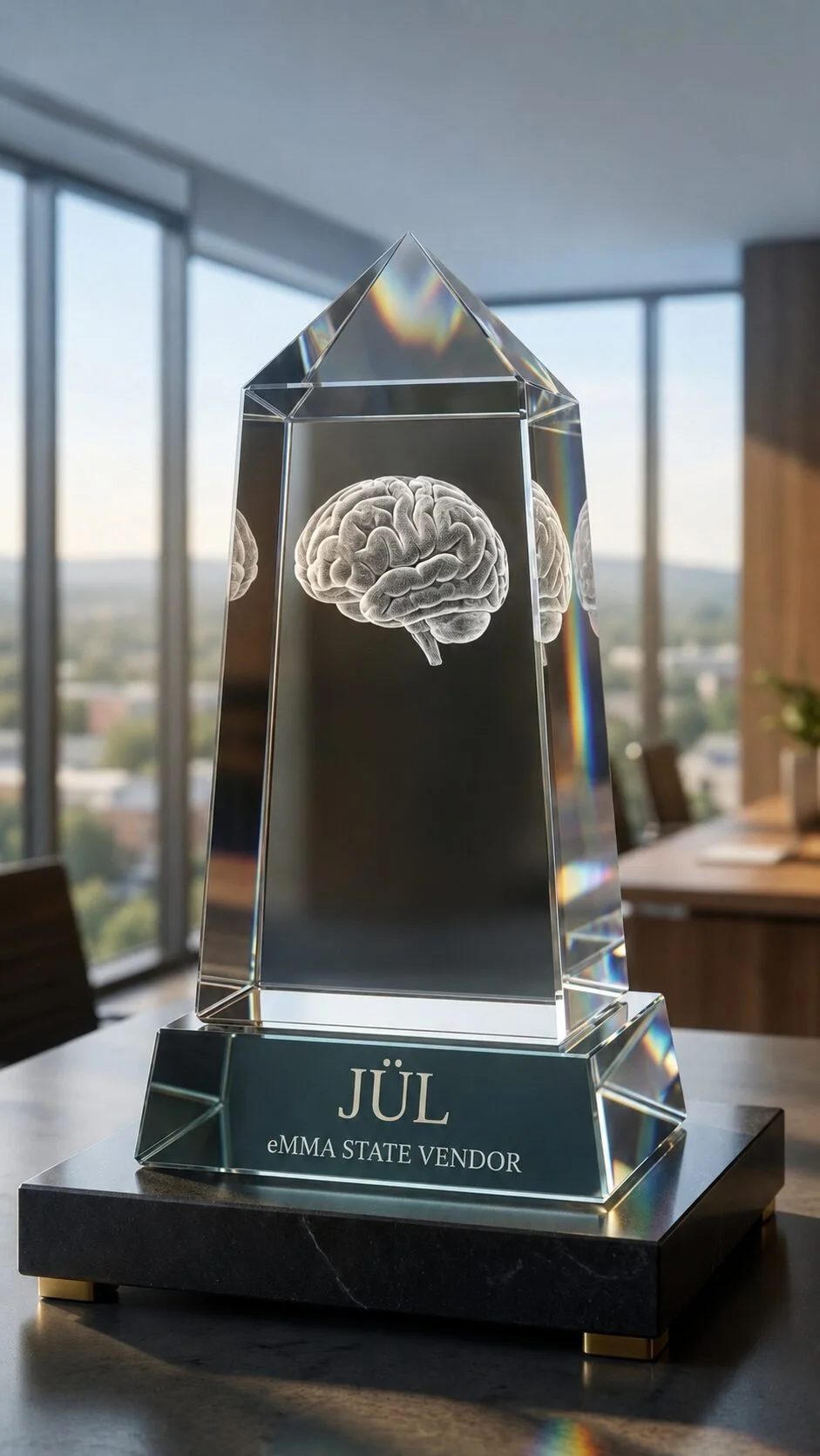 Crystal JÜL award engraved eMMA State Vendor in an executive office.