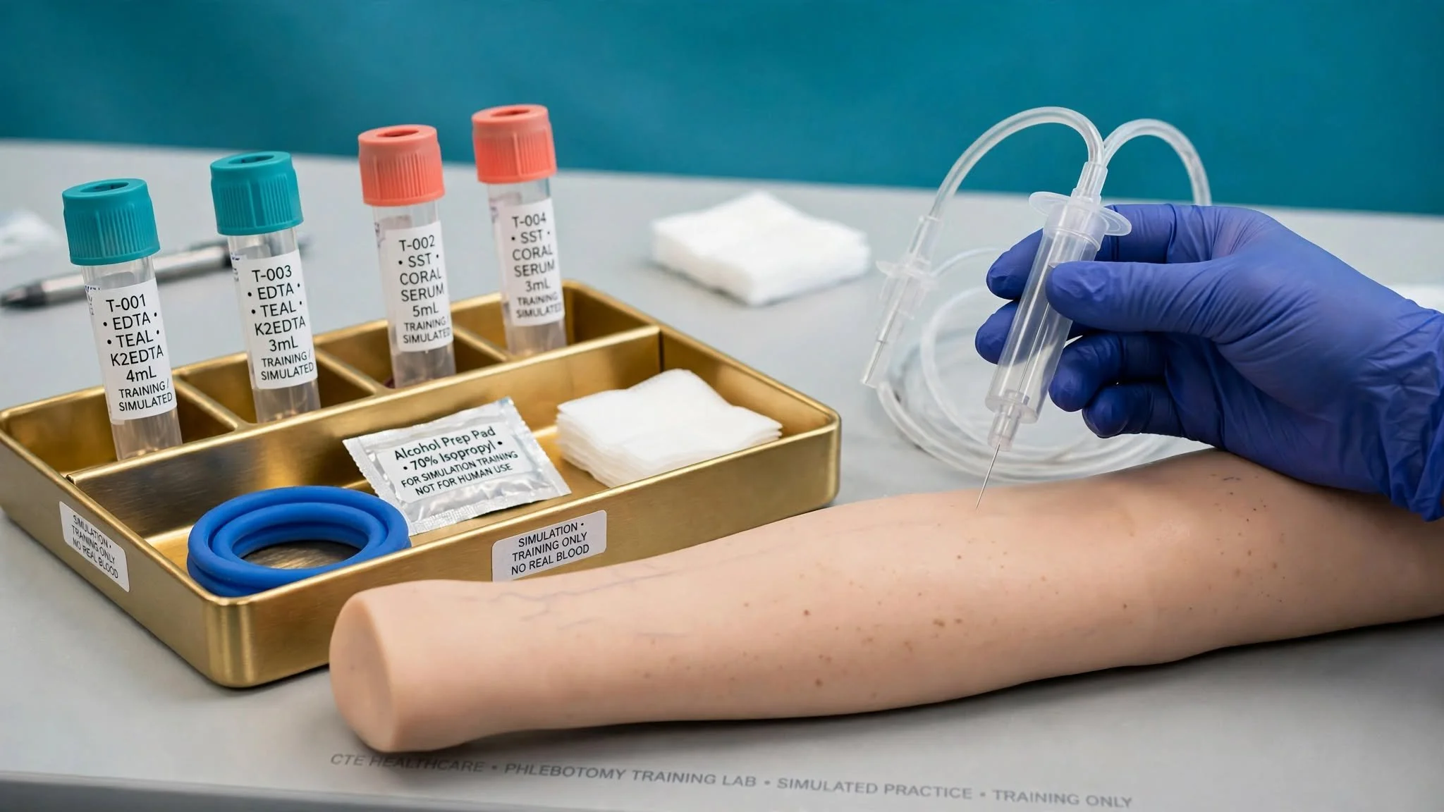 Illustration of a phlebotomy simulation training arm with collection tubes and supplies