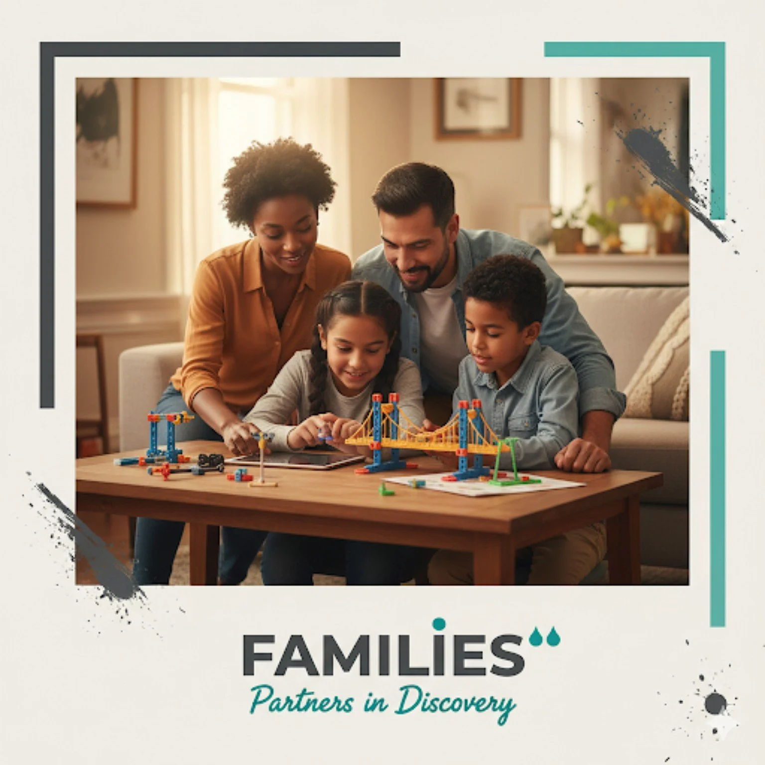A family building a model bridge together, representing families as partners in STEM discovery.