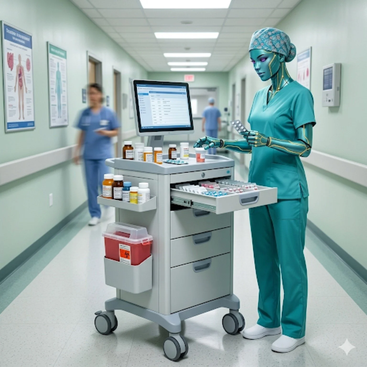 Nurse Mocha at a hospital medication cart, representing JÜL healthcare occupational education, clinical training, and workforce pathways.