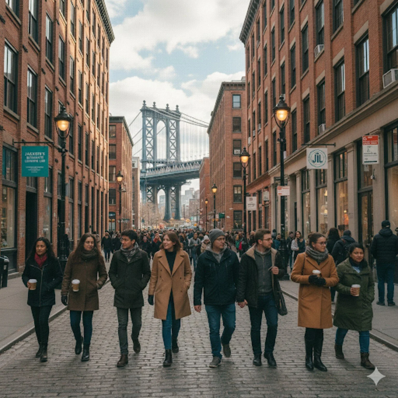 A diverse Brooklyn community walking near the Manhattan Bridge, reflecting JÜL’s community-rooted perspective.
