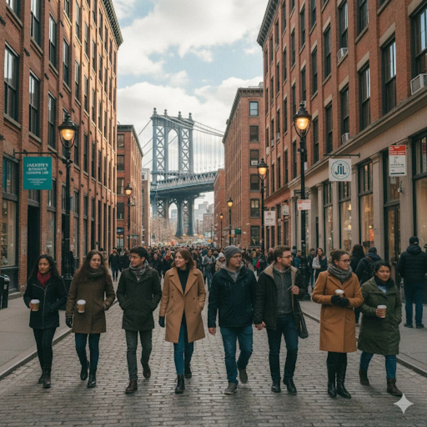 A diverse Brooklyn community walking near the Manhattan Bridge, reflecting JÜL’s community-rooted perspective.