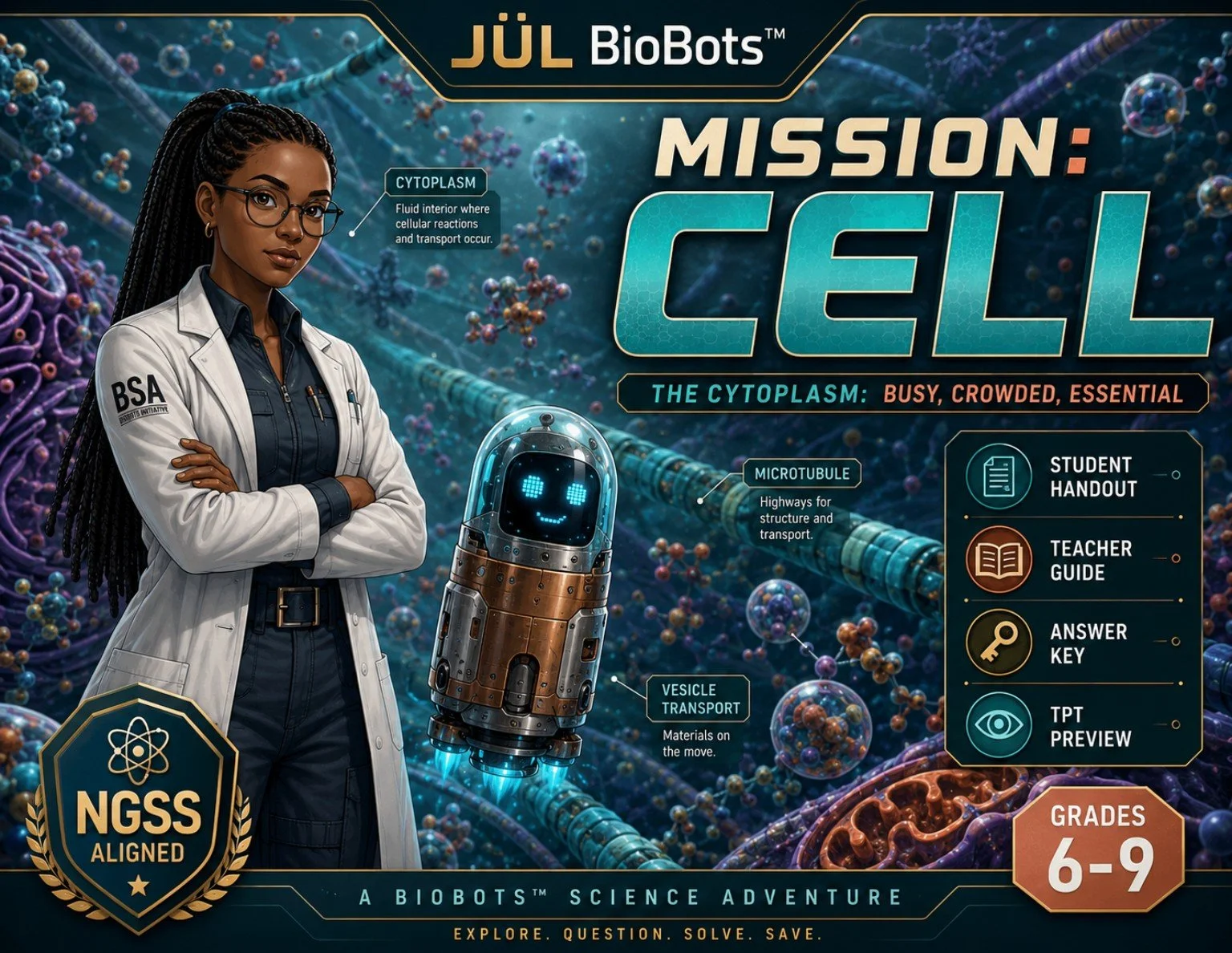 Mission: CELL BioBots science class by Gail Jackson with student handout, teacher guide, answer key, and NGSS-aligned biology activities.