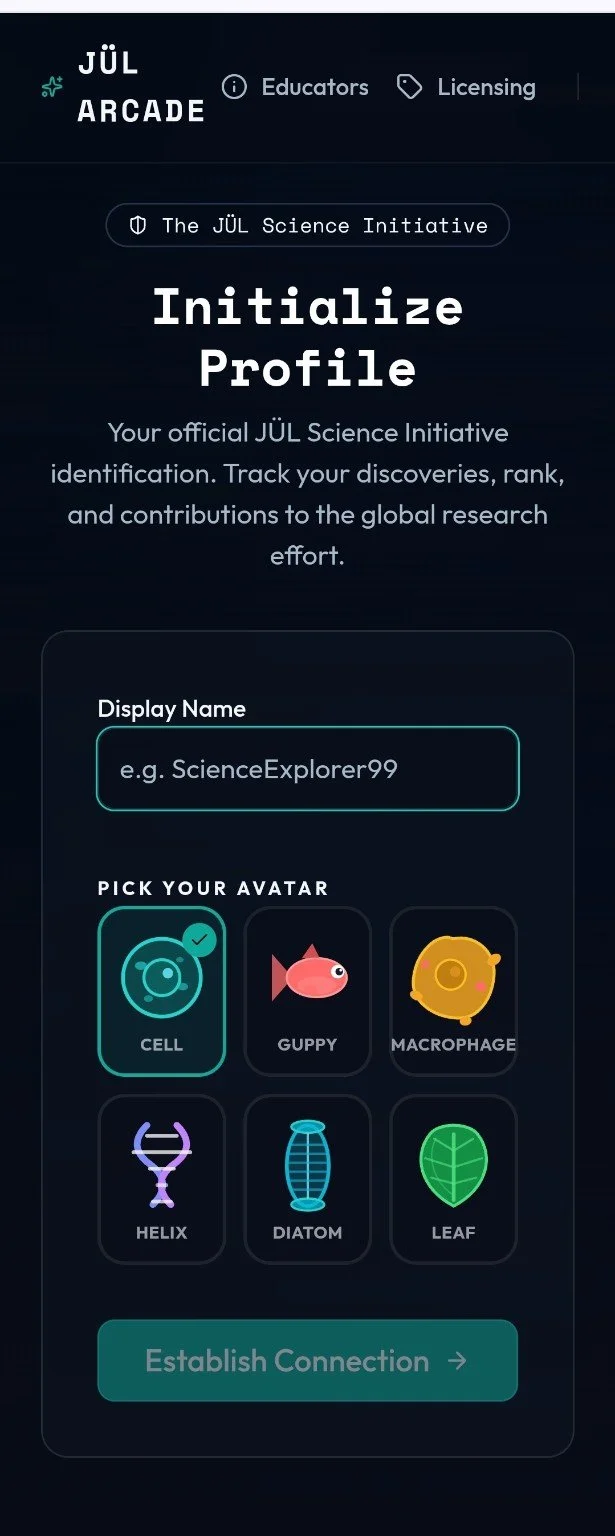JÜL Science Arcade profile setup showing accessible student entry and six science-themed avatar choices