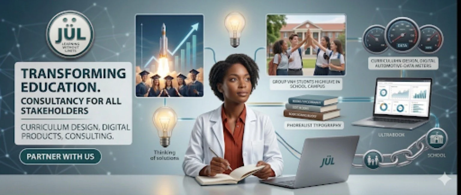 JÜL education consulting visual representing curriculum design, digital products, school partnerships, and institutional strategy.