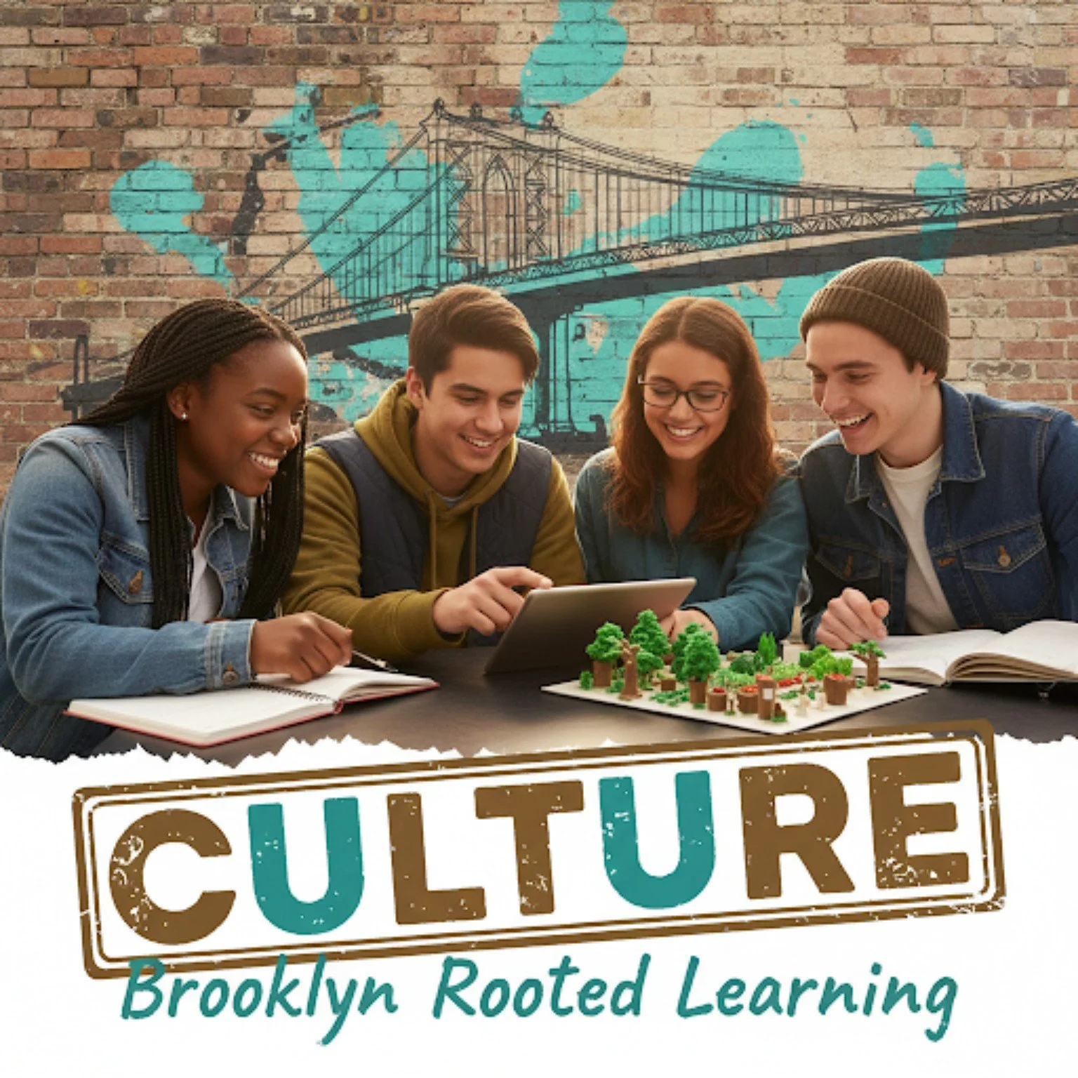 Students collaborating in front of a Brooklyn Bridge mural, representing JÜL restorative culture and Brooklyn-rooted learning.