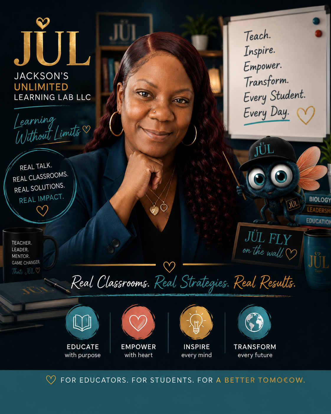 Gail Jackson, nurse educator and founder of Jackson’s Unlimited Learning Lab, with the JÜL Fly mascot.