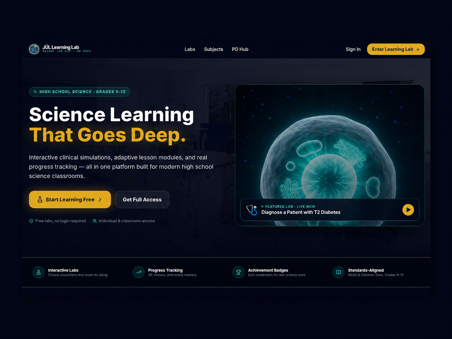 JÜL Learning Lab platform showing interactive clinical simulations, student progress tracking, achievement badges, and standards-aligned science learning