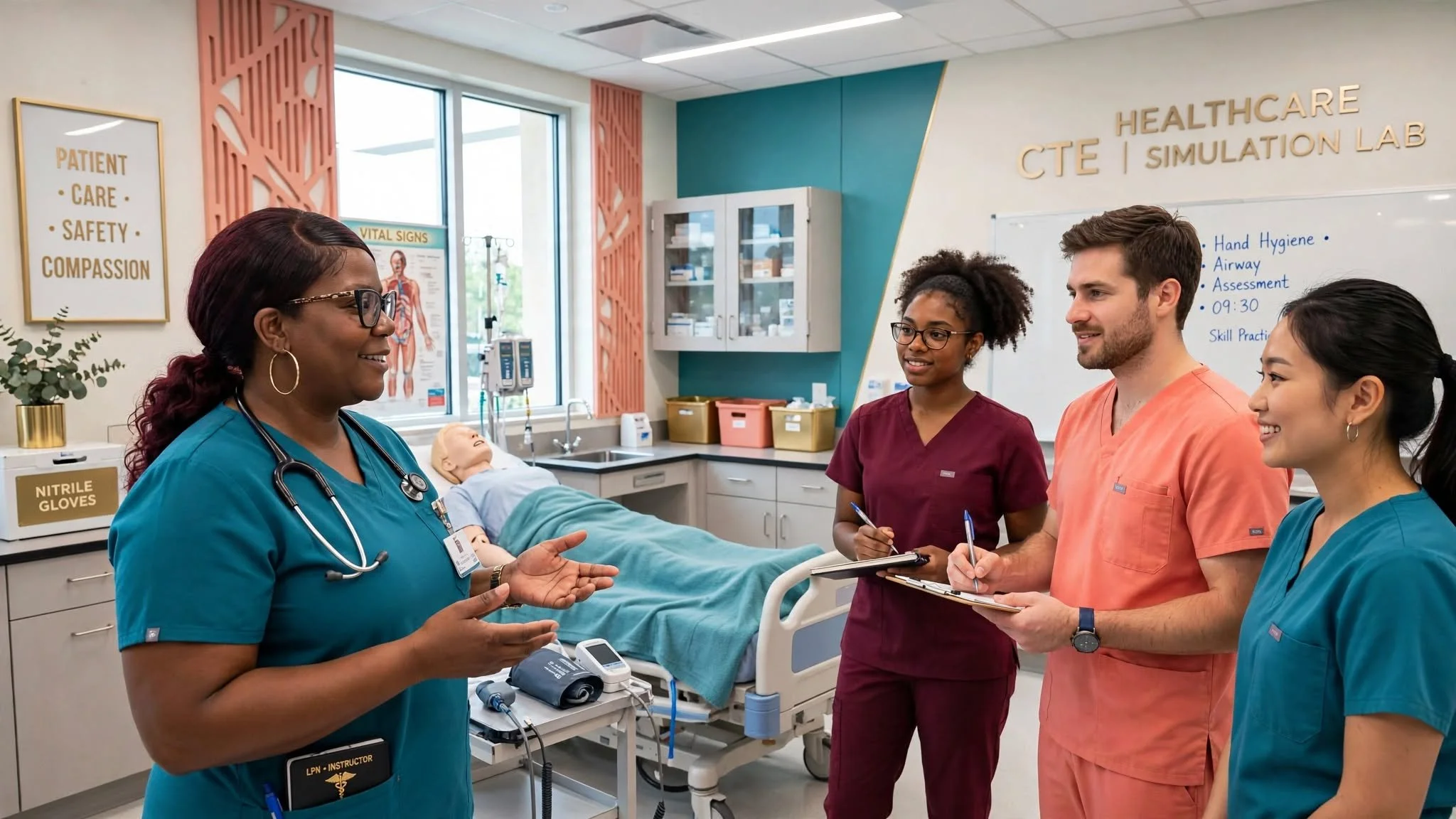 Illustration of an LPN instructor leading a health sciences simulation lab with students around a patient simulator
