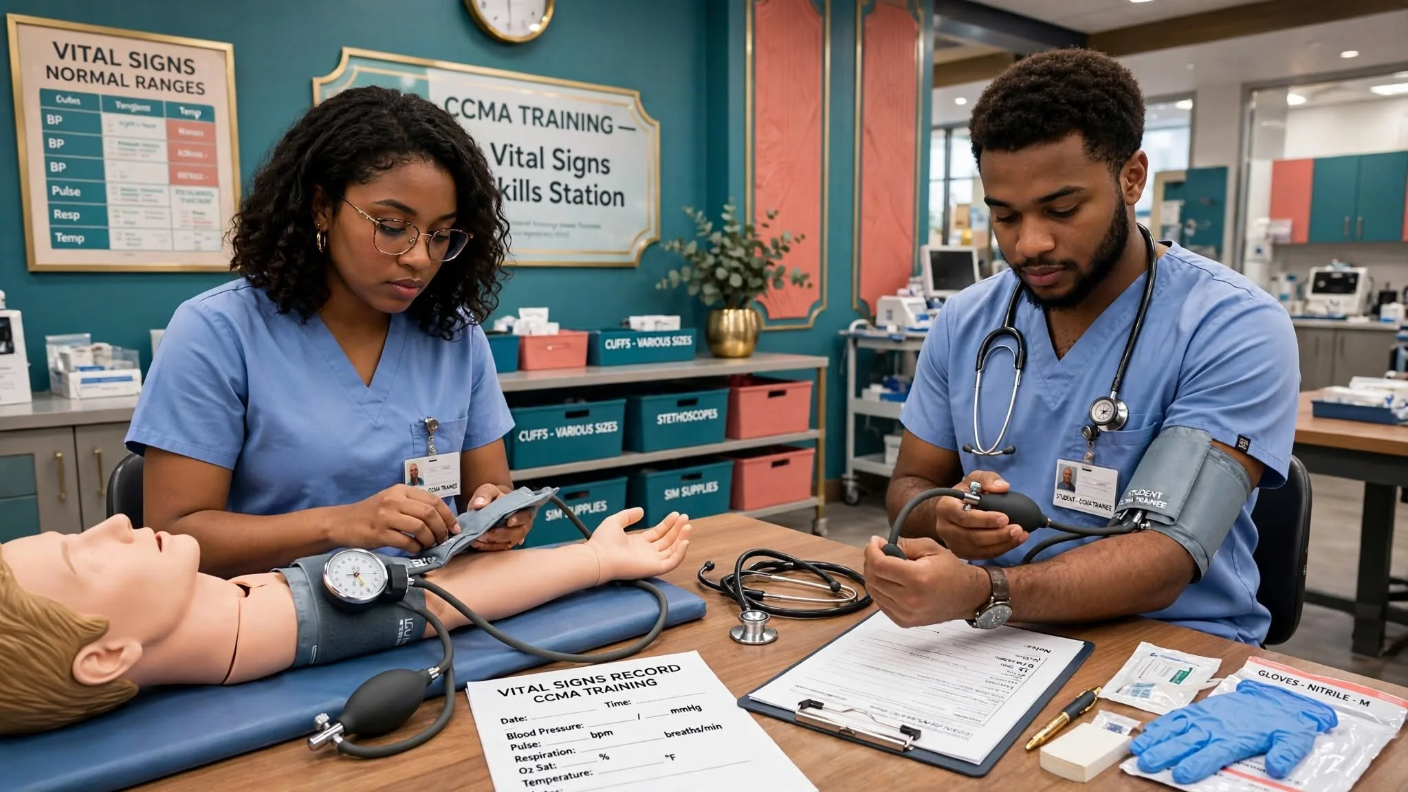 Illustration of a CCMA vital signs skills station with blood pressure equipment and a training manikin