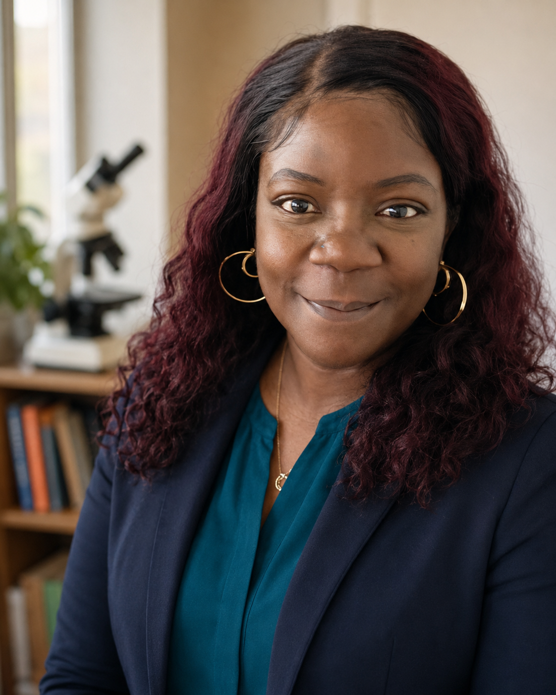 Gail Jackson, nurse-educator and executive consultant for JÜL LLC, in a professional office with science books and a microscope.